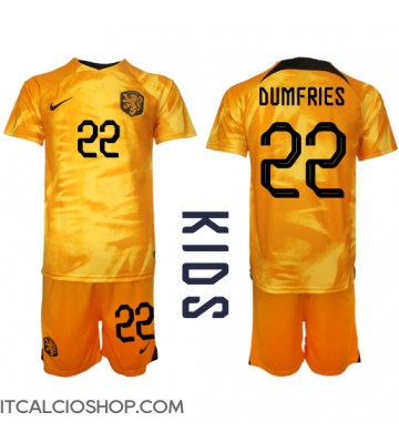 Olanda Denzel Dumfries #22 Prima Maglia Bambino Mondiali 2022 Manica Corta (+ Pantaloni corti)